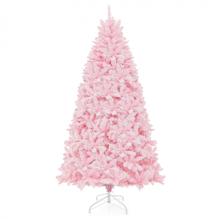7-foot pink flocked artificial Christmas tree with 500 LED lights, featuring 1200 branch tips for a festive display.