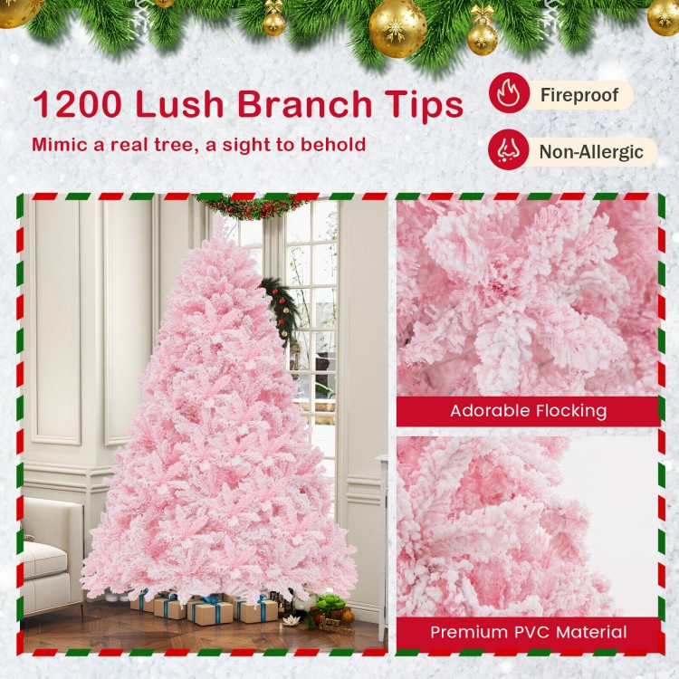 7-foot flocked artificial Christmas tree with 1200 branches and 500 LED lights, perfect for festive decoration.