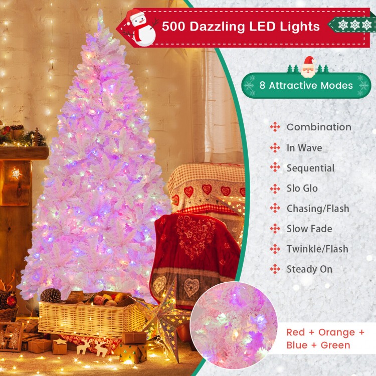 7-foot flocked artificial Christmas tree with 500 colorful LED lights, perfect for festive decoration in any setting.