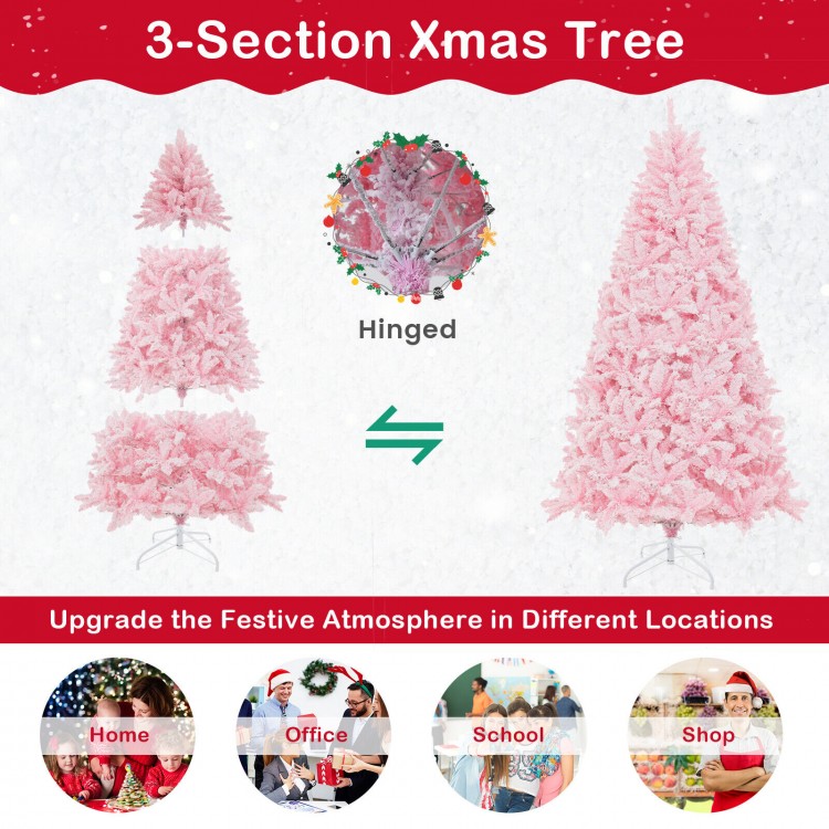 7-foot pink flocked artificial Christmas tree with 500 LED lights, 1200 branches, and hinged design for easy assembly.