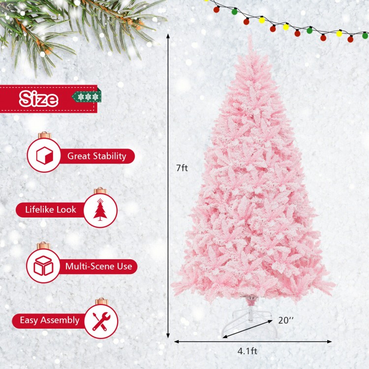 7-foot pink flocked artificial Christmas tree with 500 LED lights, 1200 branches, and easy assembly for festive decor.