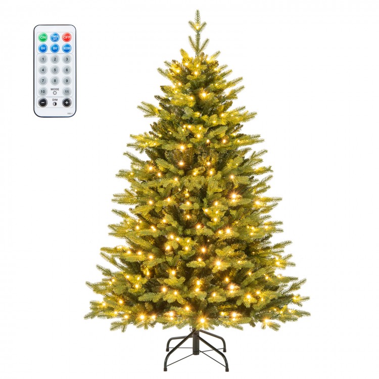 5 feet hinged artificial Xmas tree with 250 LED lights, remote control, and 11 lighting modes for festive decoration.