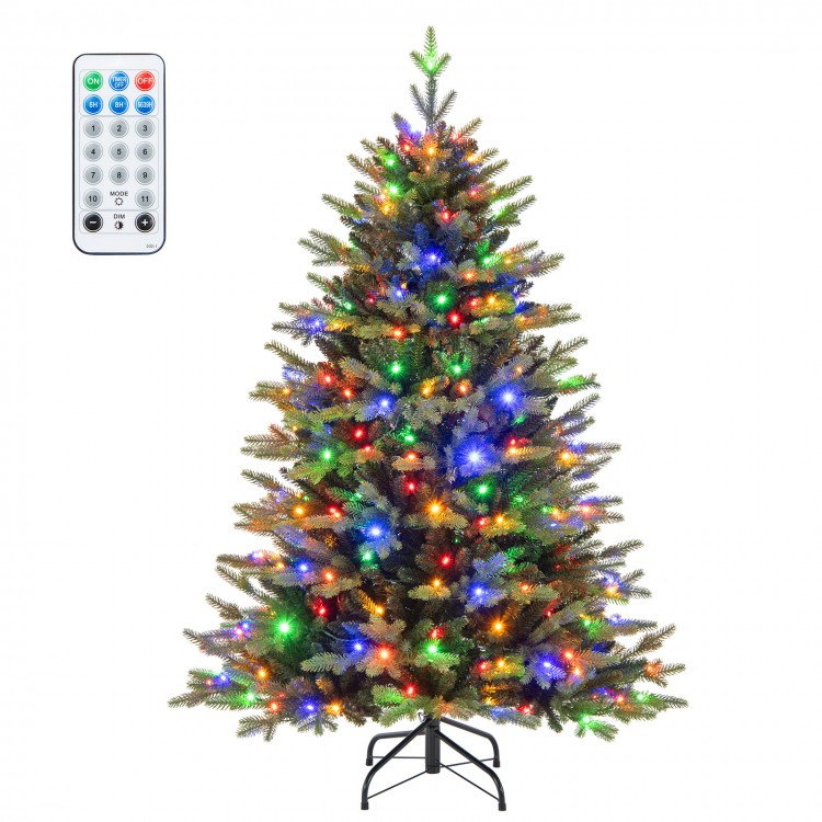 5 feet artificial Xmas tree with 250 LED lights, remote control, and 11 lighting modes for festive decoration.