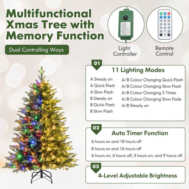 5 feet artificial Xmas tree with 11 lighting modes, remote control, and adjustable brightness for festive decor.