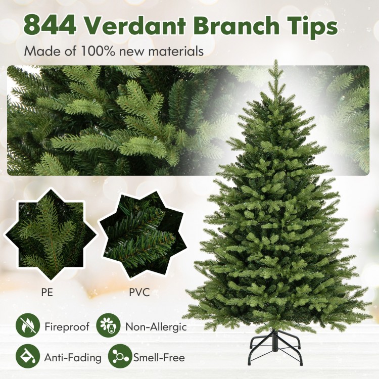 5-foot artificial Xmas tree with 844 verdant branch tips, made of PE and PVC, featuring 11 lighting modes and remote.