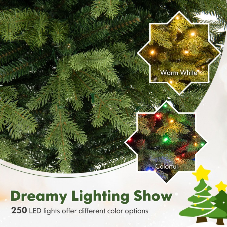Close-up of the 5 feet artificial Xmas tree showcasing 250 LED lights in warm white and colorful options for festive.