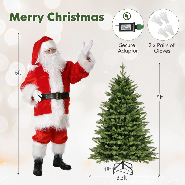 5-foot artificial Christmas tree with 250 LED lights, remote control, and hinged structure for easy setup, ideal for.