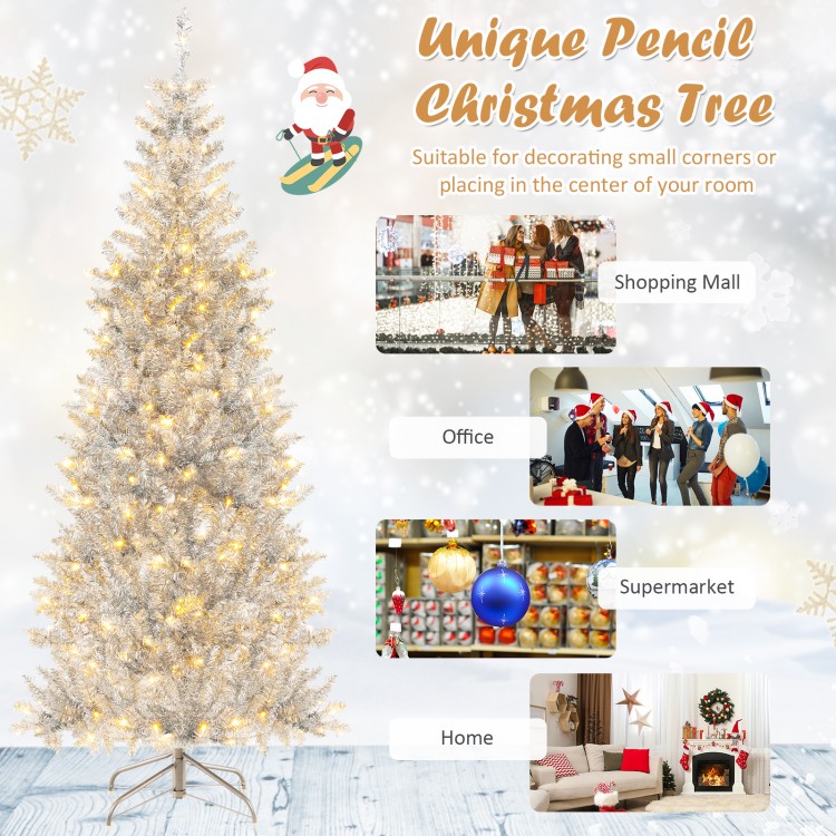 6 ft pre-lit silver tinsel Christmas tree with 790 branch tips and 300 LED lights, perfect for small spaces and festive.