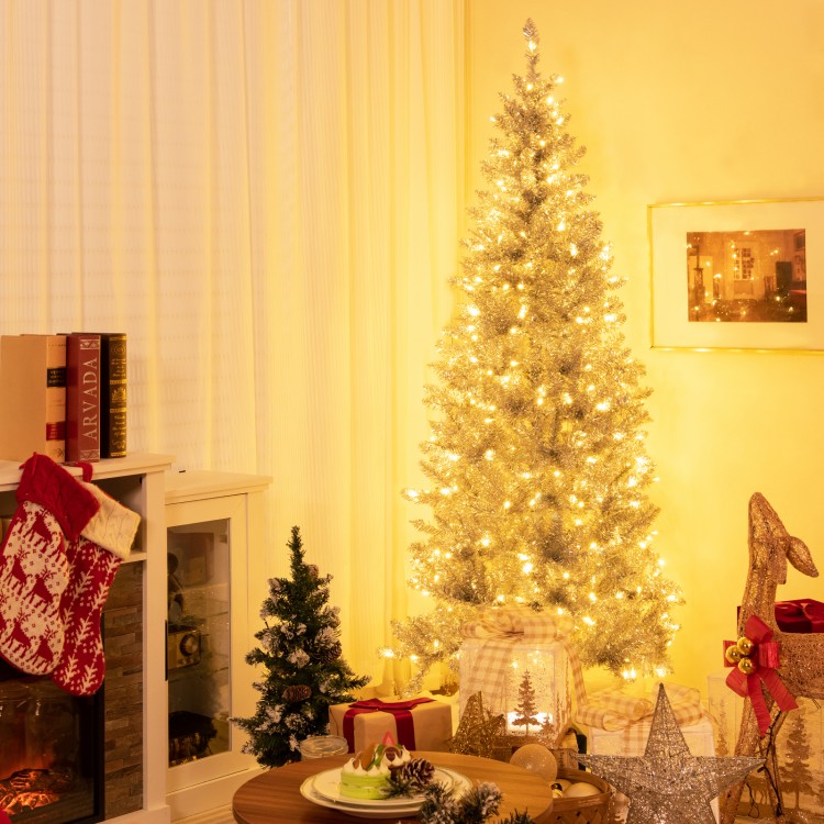 6 ft pre-lit artificial silver tinsel Christmas tree with 300 LED lights, perfect for festive decoration in small.