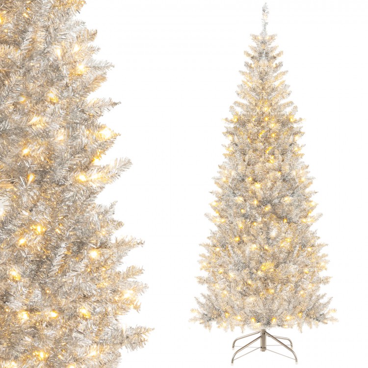Pre-lit 6 ft silver tinsel Christmas tree with 300 LED lights and 790 branch tips, perfect for festive decor in small.