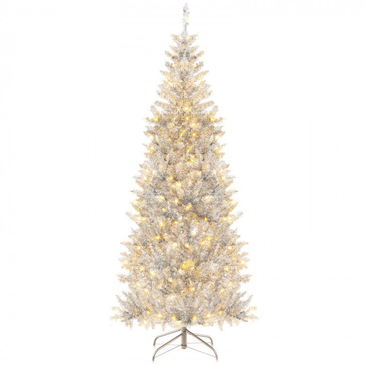 6 ft pre-lit artificial silver tinsel Christmas tree with 300 LED lights, ideal for festive decoration in small spaces.