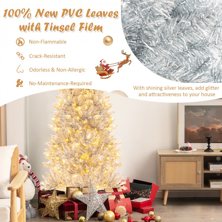 6 ft pre-lit artificial silver tinsel Christmas tree with 790 branch tips and 300 warm LED lights for festive.