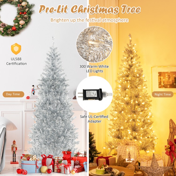 6 ft pre-lit silver tinsel Christmas tree with 300 LED lights, showcasing a festive glow for holiday decorations.