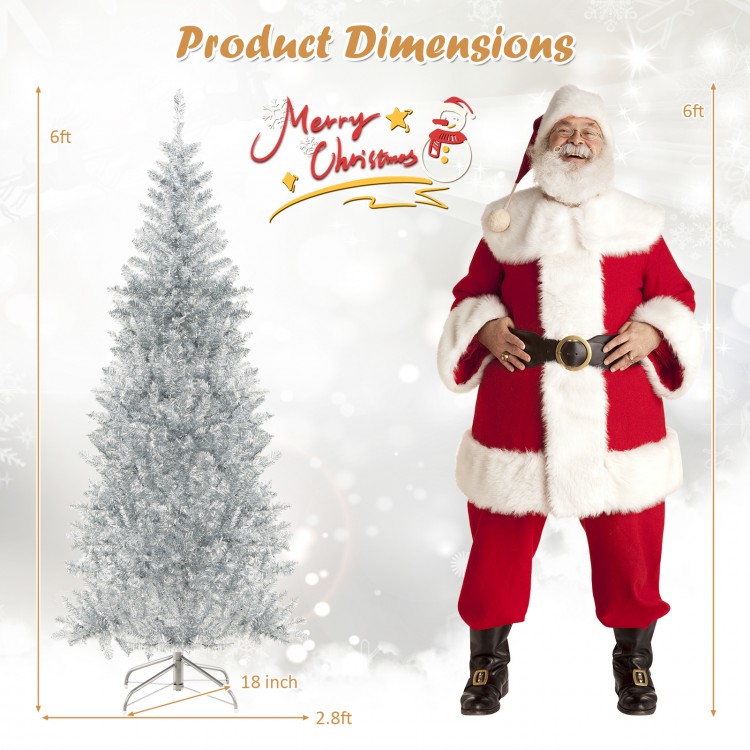 6 ft pre-lit artificial silver tinsel Christmas tree with 790 branch tips and 300 LED lights, perfect for festive decor.