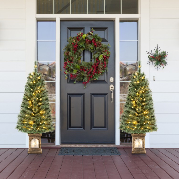 Pre-lit 4 feet potted Christmas tree with flowering pine needles and warm LED lights, perfect for festive outdoor decor.