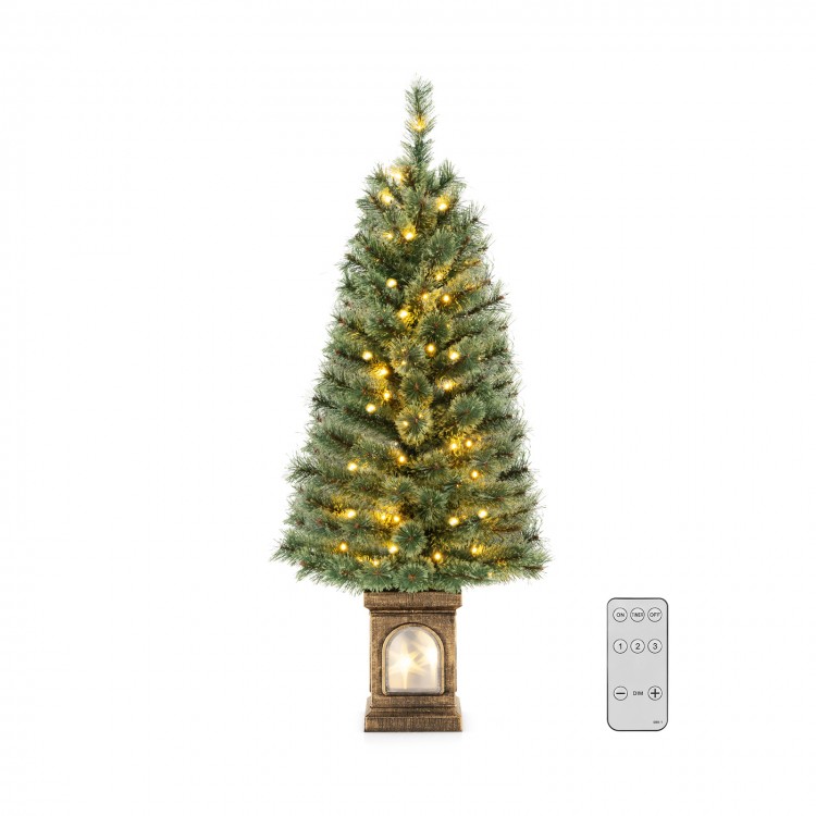 4 feet pre-lit potted Christmas tree with flowering pine needles and remote-controlled LED lights for festive ambiance.