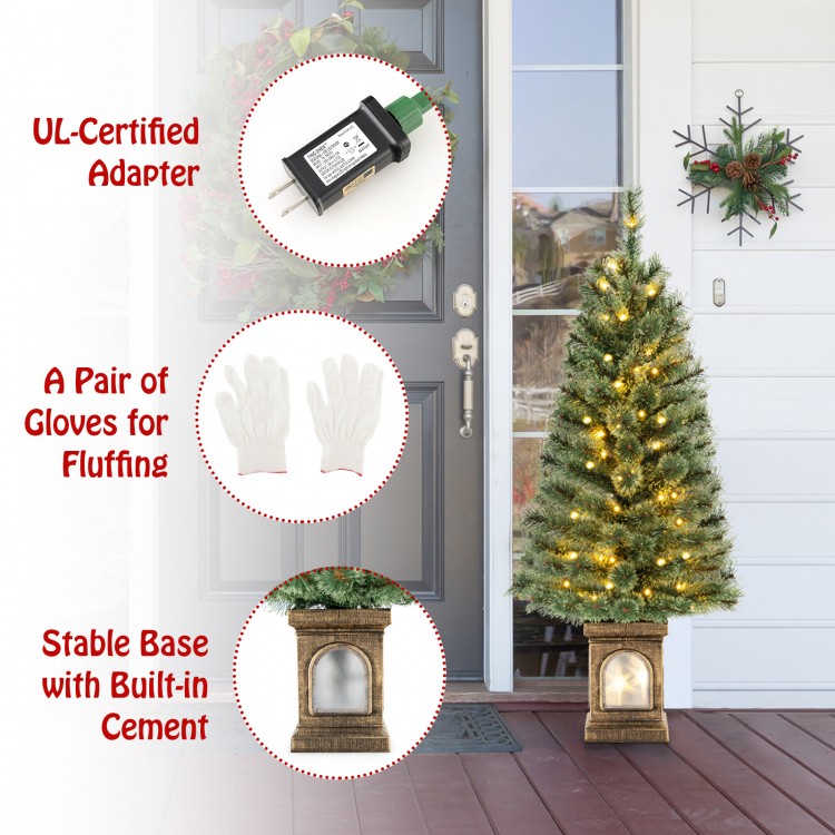 4 feet pre-lit potted Christmas tree with flowering pine needles, warm LED lights, and stable cement base for holiday.