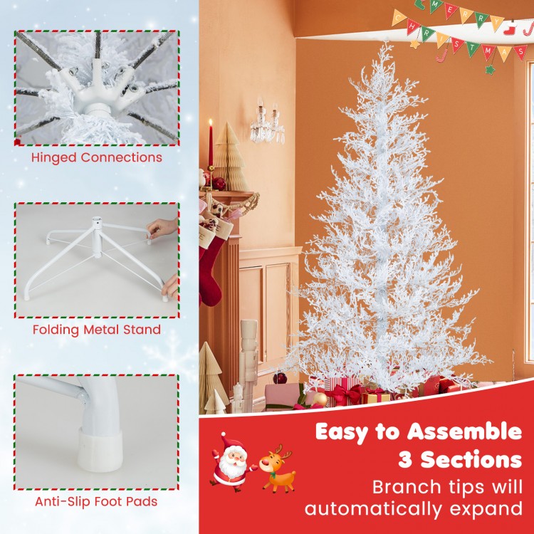 6 feet artificial Xmas tree with 383 PE branch tips, 300 LED lights, and hinged connections for easy assembly.
