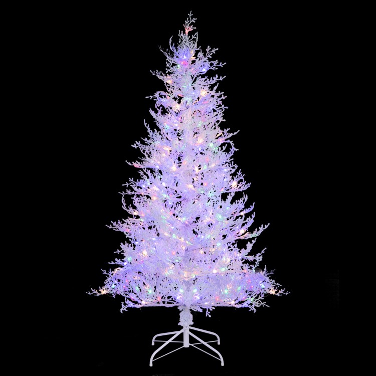 6 feet artificial Xmas tree with 383 white branch tips and 300 LED lights, perfect for festive holiday decor.