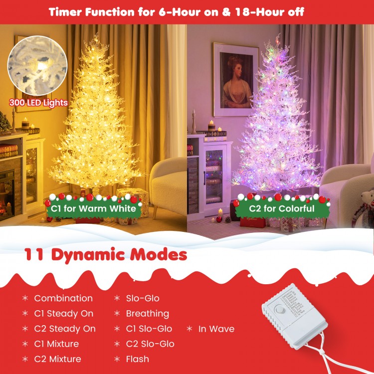 6 feet artificial Xmas tree with 300 LED lights in warm white and colorful, featuring 11 dynamic modes for festive.