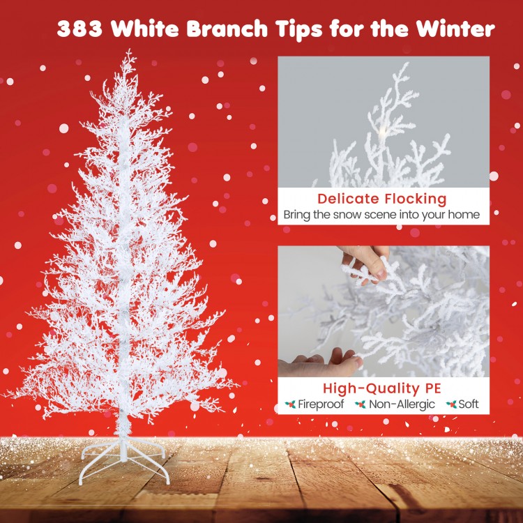 6 feet artificial Xmas tree with 383 white PE branch tips, delicate flocking, and 300 LED lights for festive decor.
