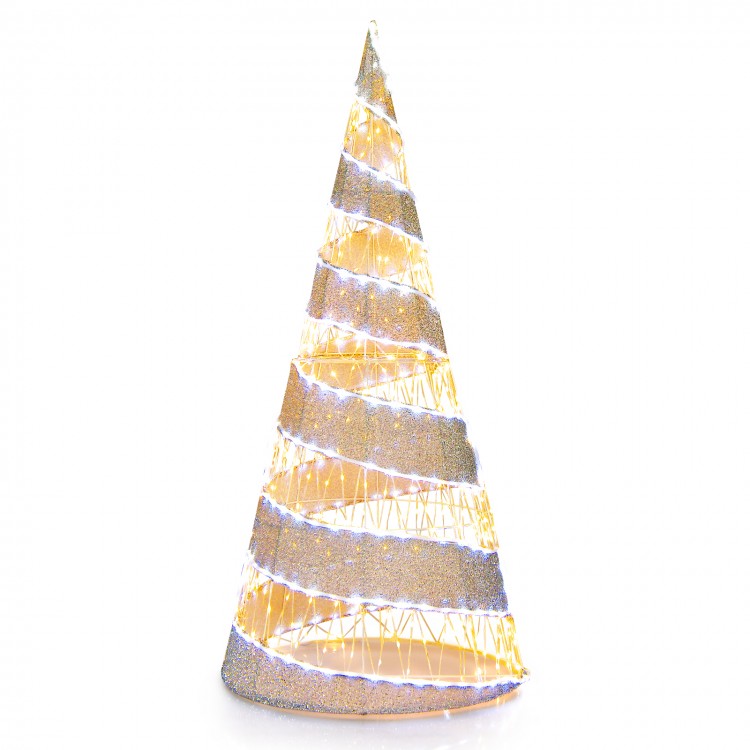 5-foot pre-lit Christmas cone tree with 300 warm white and 250 cold white LED lights for festive outdoor decor.
