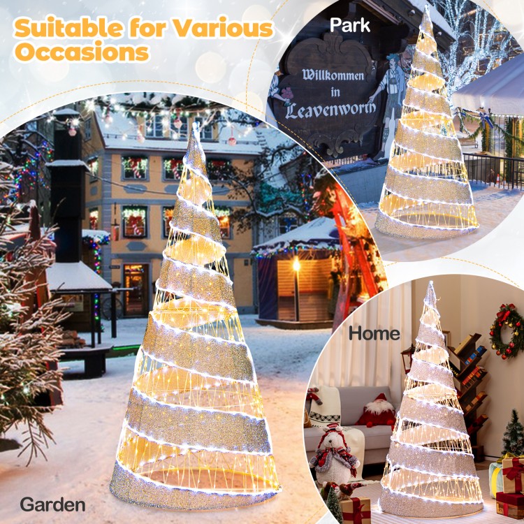 5-foot pre-lit Christmas cone tree with 300 warm and 250 cold white LED lights, ideal for outdoor holiday decoration.