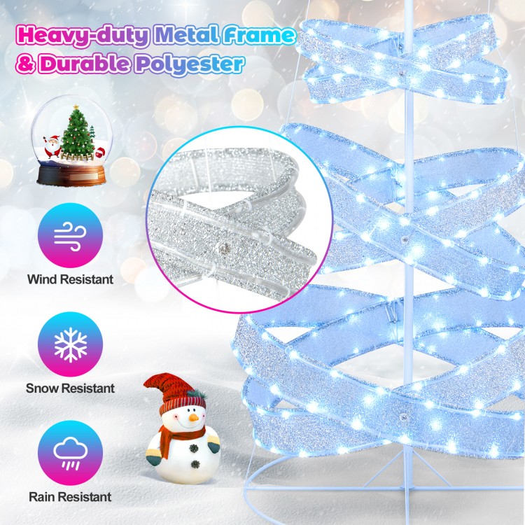7-foot outdoor spiral Christmas tree with 341 LED lights, durable polyester, and sturdy metal frame for festive.