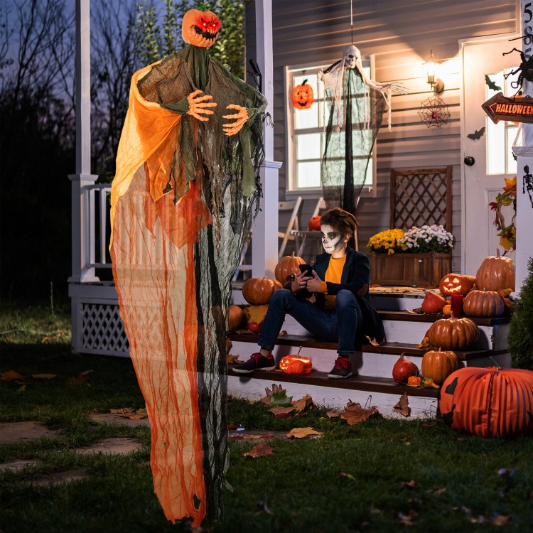 6-foot hanging pumpkin ghost with red glowing eyes and poseable arms, perfect for creating an eerie outdoor Halloween.