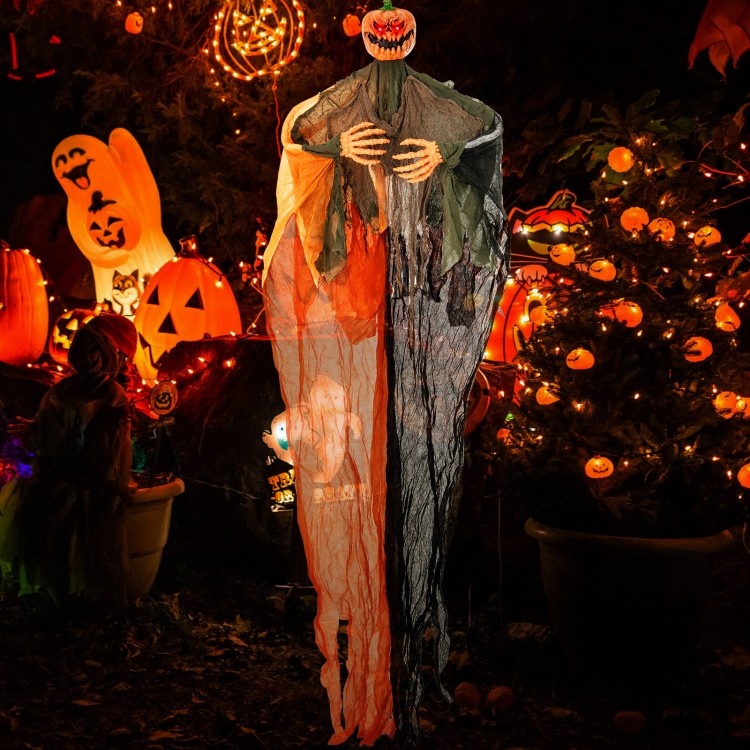 6 feet hanging pumpkin ghost with red glowing eyes, poseable arms, and flowing robe for spooky Halloween decor.