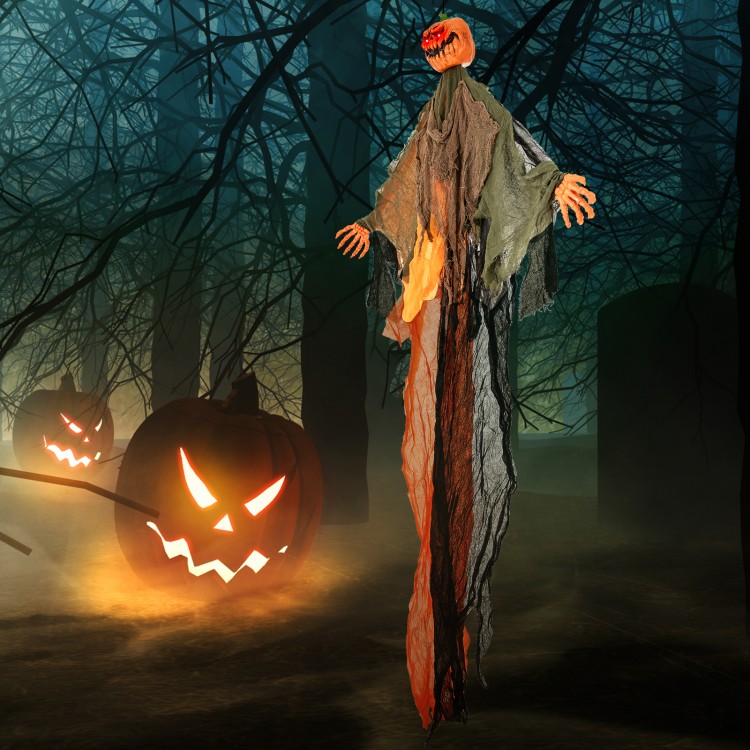 6 feet hanging pumpkin ghost with red glowing eyes, poseable arms, and flowing robe for a spooky Halloween decoration.