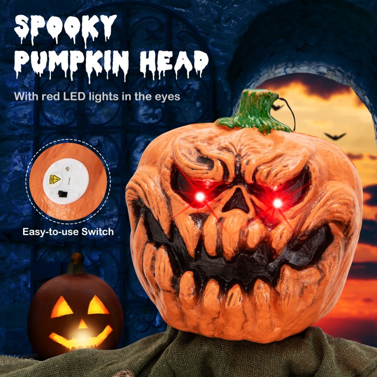 Spooky pumpkin head with red LED eyes, poseable arms, and flowing robe for indoor or outdoor Halloween decor.