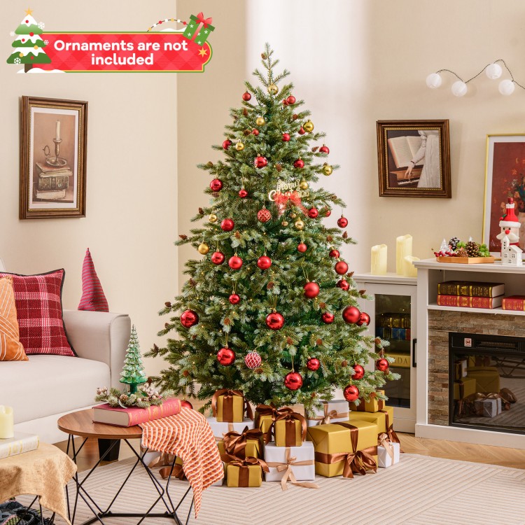 6-foot Christmas tree with warm white LED lights, pine cones, and presents, perfect for festive home decoration.