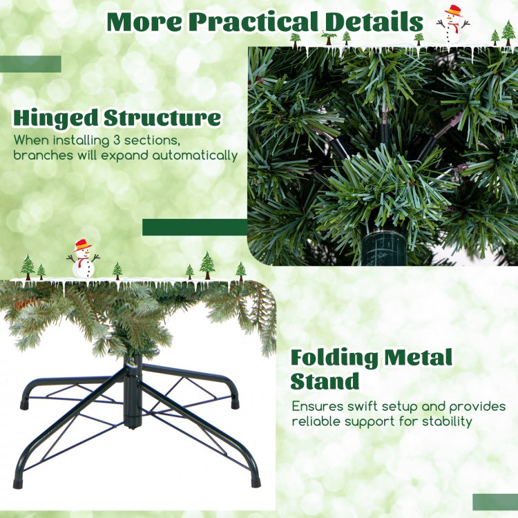 Hinged structure and folding metal stand of a 6 ft Christmas tree with warm white LED lights and pine cones for easy.