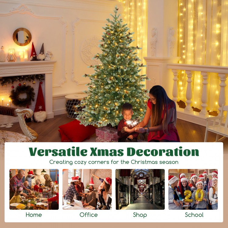 6-foot Christmas tree with warm white LED lights and pine cones, ideal for versatile holiday decoration in various.