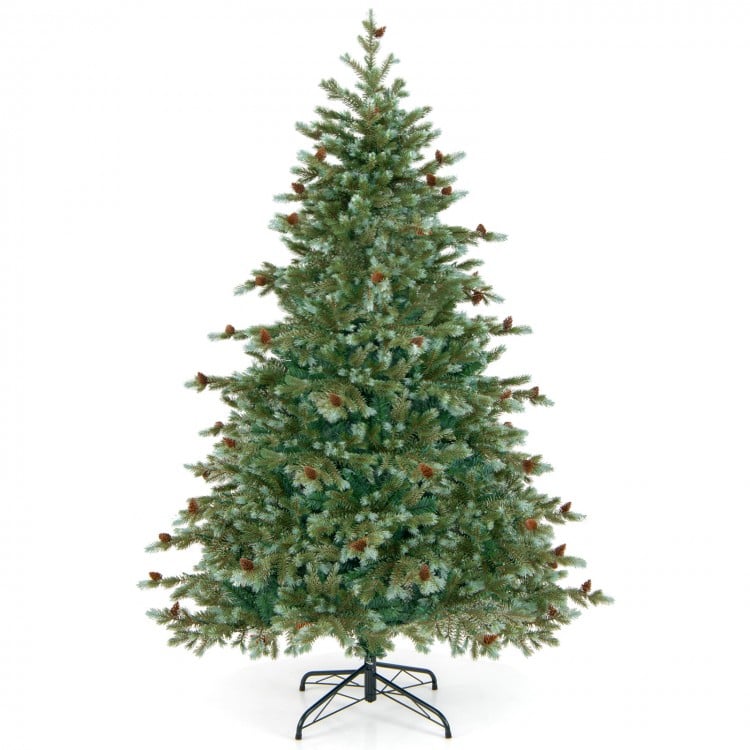 6-foot Christmas tree with warm white LED lights and pine cones, featuring 590 branch tips for a realistic holiday look.