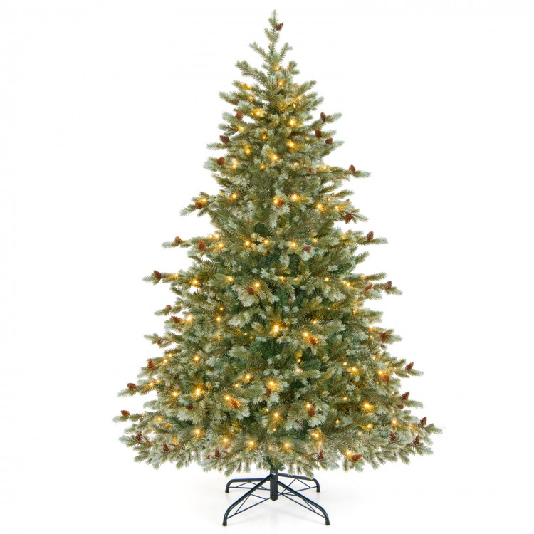 6-foot Christmas tree with warm white LED lights and pine cones, featuring 590 branch tips for a realistic holiday.