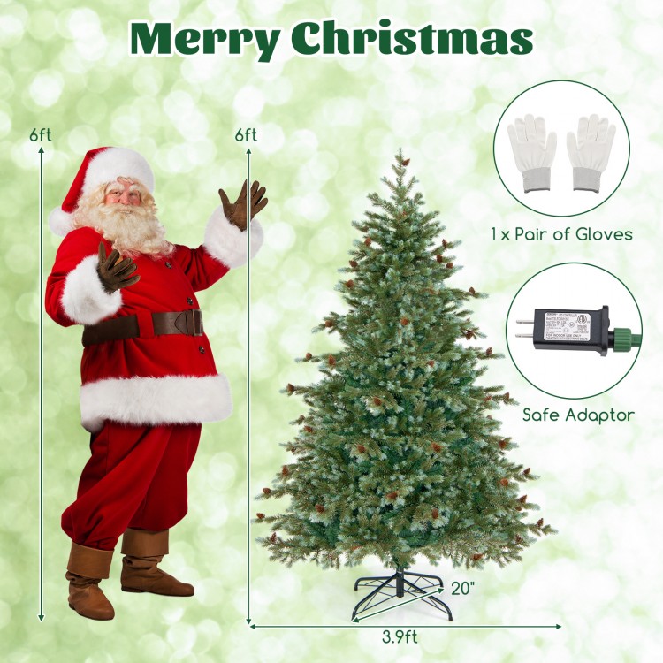 6 ft Christmas tree with warm white LED lights, 89 pine cones, and metal stand, perfect for holiday decoration.