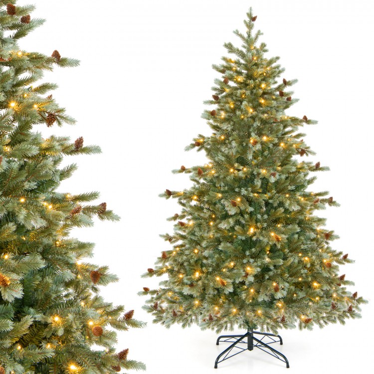 6-foot Christmas tree with warm white LED lights, pine cones, and a sturdy metal stand for festive holiday decor.