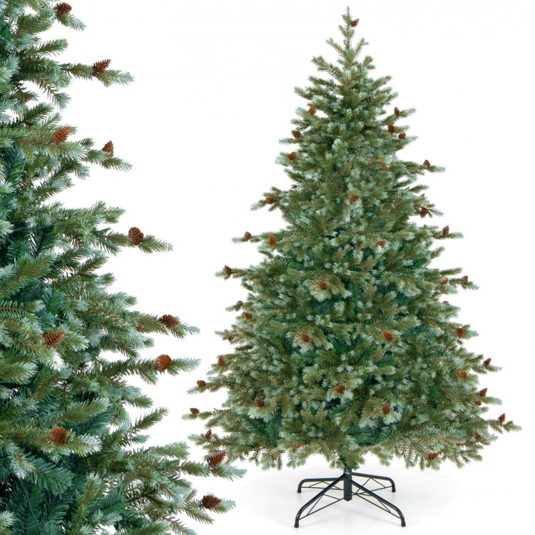 6-foot Christmas tree featuring warm white LED lights, pine cones, and a sturdy metal stand for festive holiday decor.
