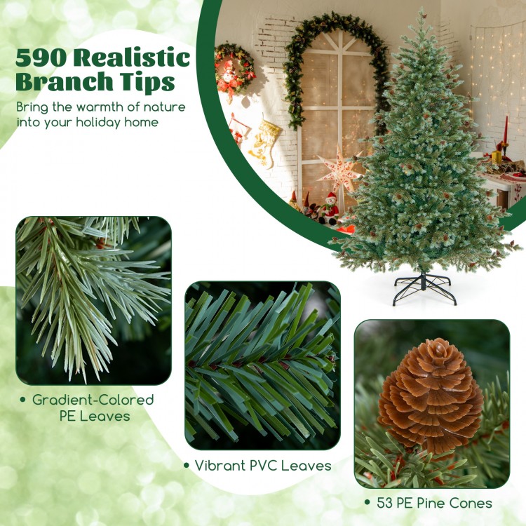 6-foot Christmas tree featuring 590 branch tips, 89 PE pine cones, and warm white LED lights for festive decor.