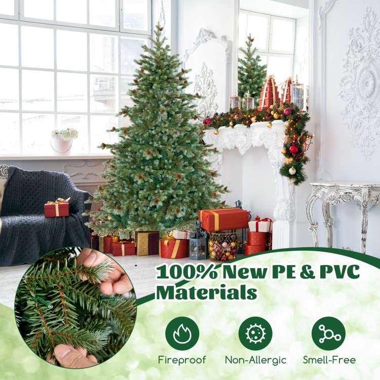 6-foot Christmas tree featuring warm white LED lights, pine cones, and fireproof PE and PVC materials for festive decor.