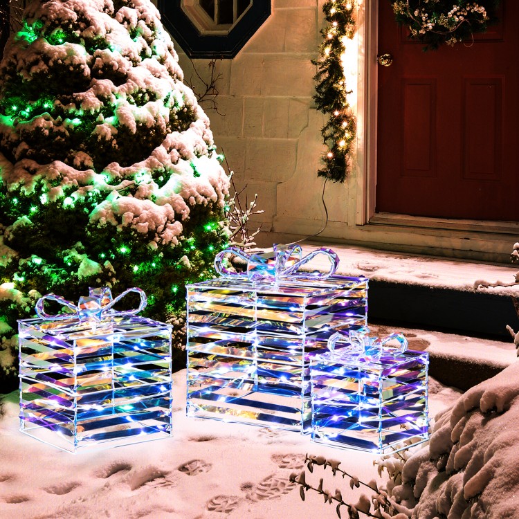 Set of 3 Christmas Lighted Gift Boxes with Bows and Plug - Costway