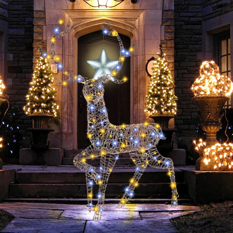 Pre-lit 4.6 feet Christmas reindeer with 170 LED lights, featuring a sturdy metal frame and elegant antlers for outdoor.