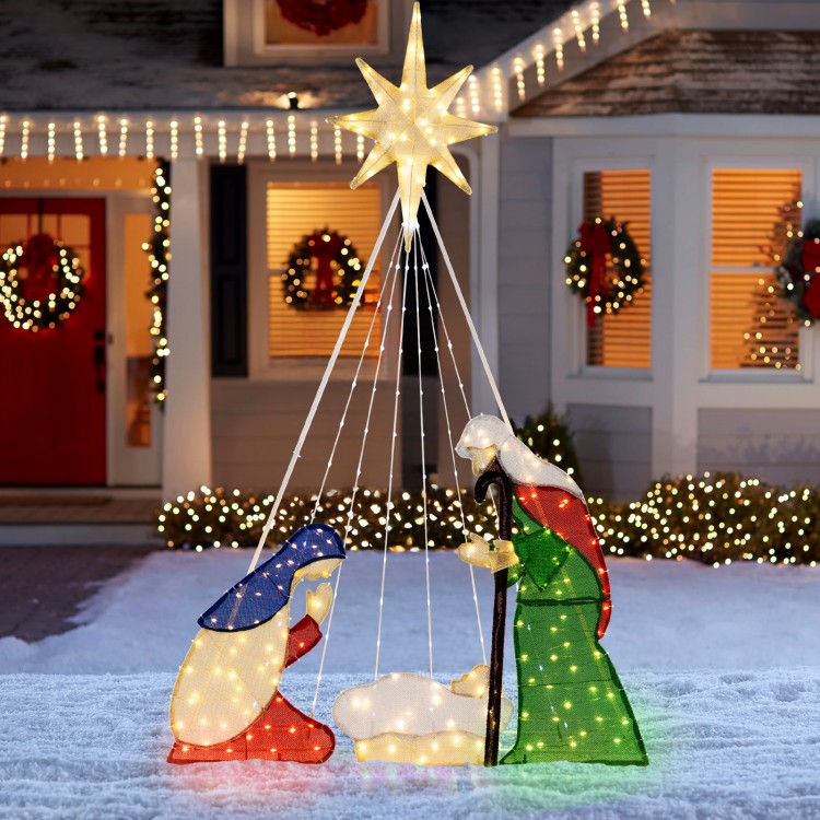 Lighted nativity scene featuring Mary, Joseph, and baby Jesus, with 240 LED lights for festive outdoor decoration.