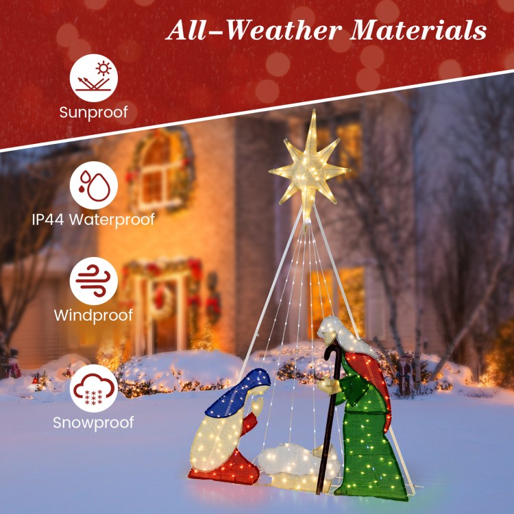 6-foot lighted nativity scene featuring 240 LED lights, snowproof and windproof design, ideal for outdoor Christmas.