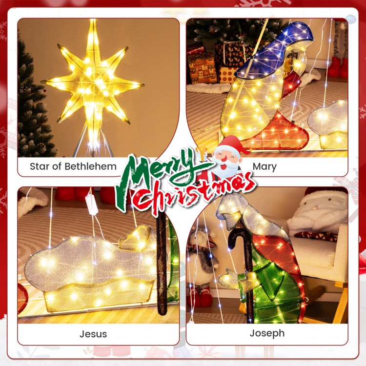 Lighted Nativity scene featuring Jesus, Mary, and Joseph with a star, ideal for Christmas decoration outdoors.