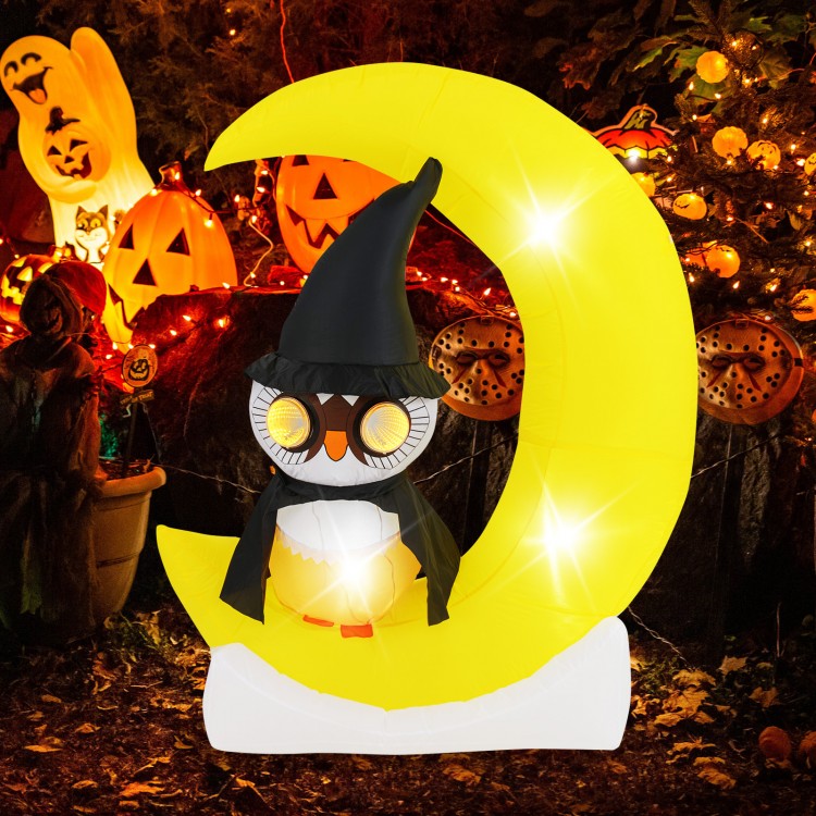 Adorable inflatable owl on a crescent moon with LED lights, perfect for Halloween decoration and outdoor use.