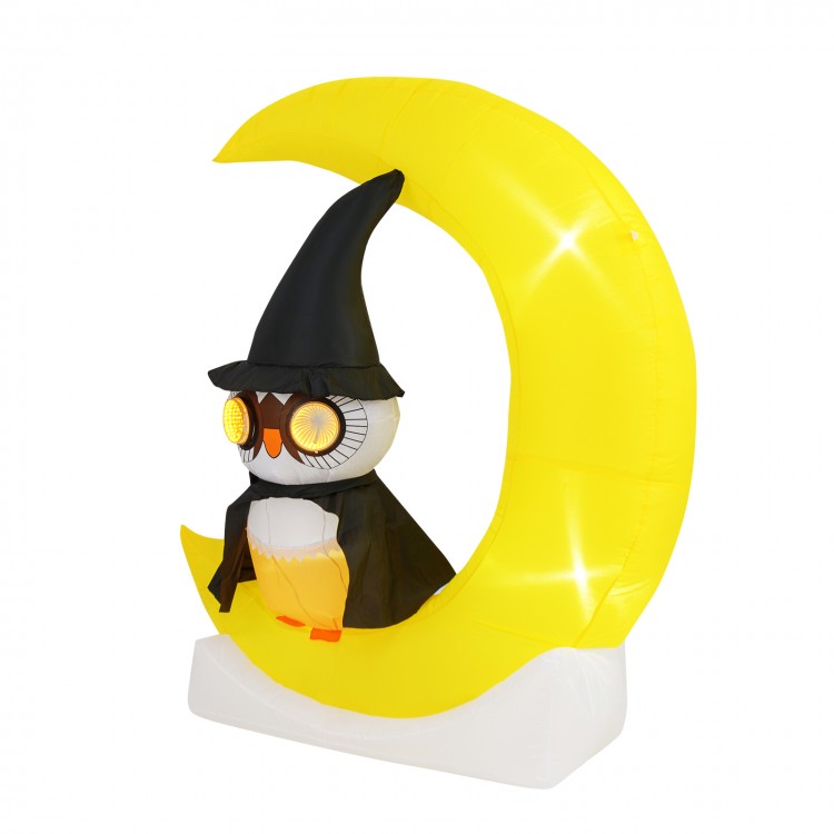 Adorable inflatable owl on a crescent moon with LED lights, perfect for Halloween decoration and outdoor display.