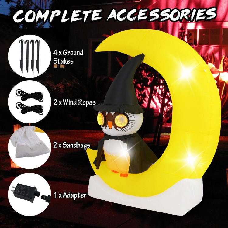 Inflatable owl on a crescent moon with LED lights, made of premium polyester for Halloween decoration stability.